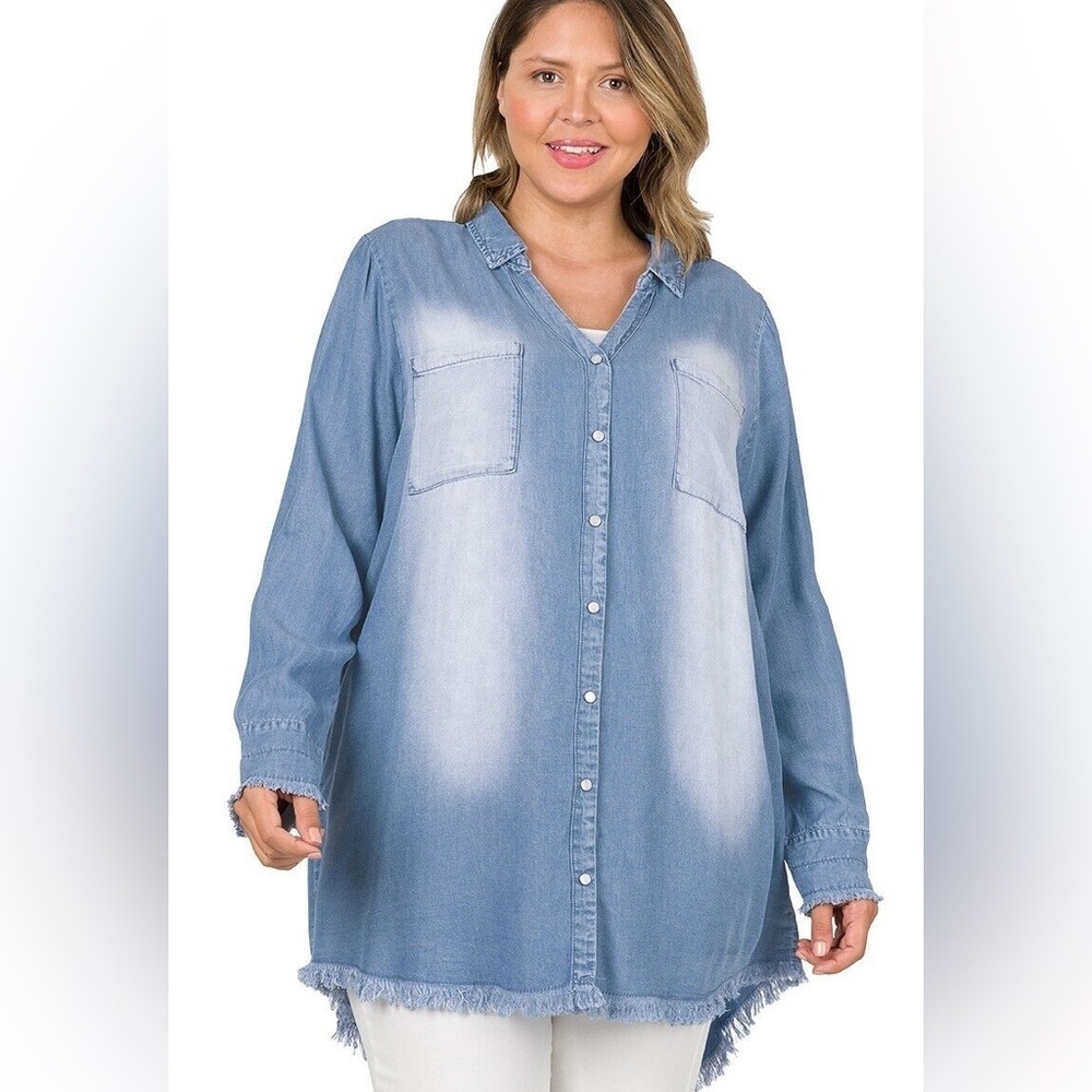 DISTRESSED CHAMBRAY FRAYED HEM LONGLINE SHIRT TOP - ZENANA HI-LOW HEM